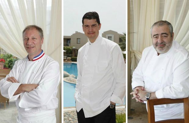 Από αριστερά: Ο Eric Frechon, το αστέρι της γαλλικής κουζίνας με τρία αστέρια Michelin, Ο μιλανέζος Andrea Berton, ανανεωτής της ιταλικής σκηνής με δύο αστέρια Michelin και ο πρωτοπόρος καταλανός Santi Santamaria που παρουσίασε πιάτα του σε προηγούμενο Sani Gourmet