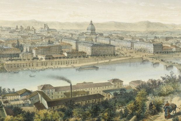 Γενική άποψη του Τορίνο σε λιθογραφία του 1880