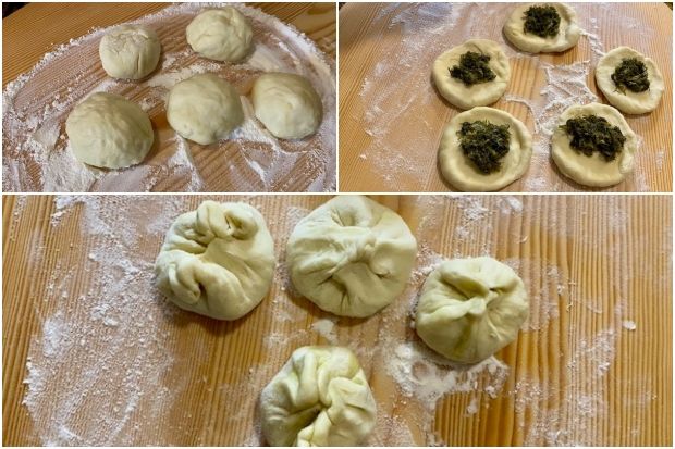 Χωρίζω τη ζύμη σε μπαλάκια, πατάω με τα δάχτυλα να απλωθούν,μοιράζω τη γέμιση και τα ξανακλείνω σαν πουγκάκια (photo: Κική Τριανταφύλλη)